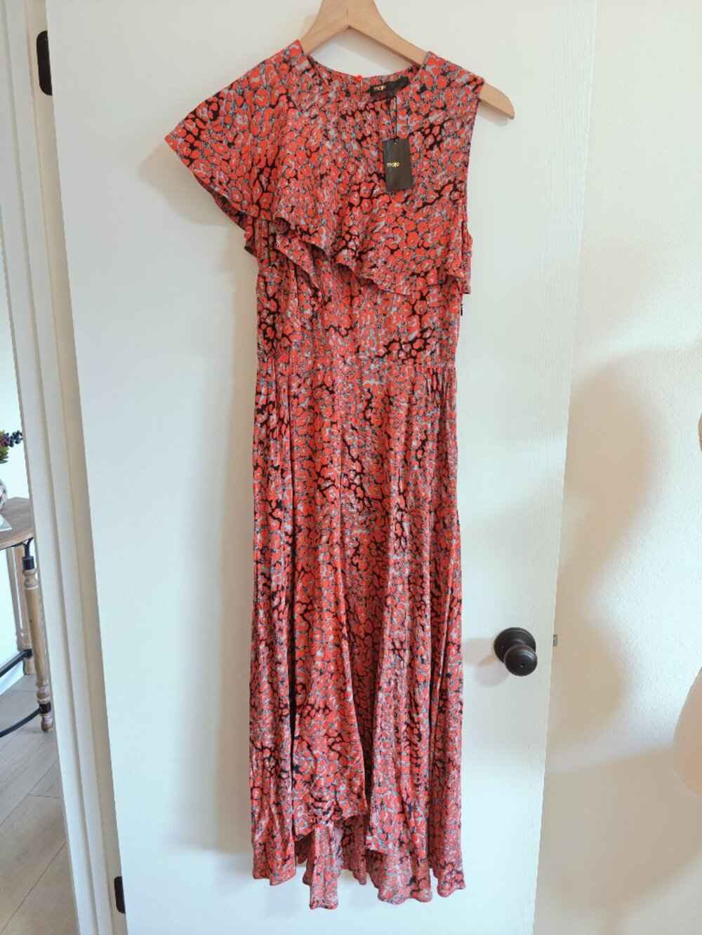 NWT Maje Red Print Ruffle Cold Shoulder High Low Midi Dress Sz. L - Picture 3 of 7